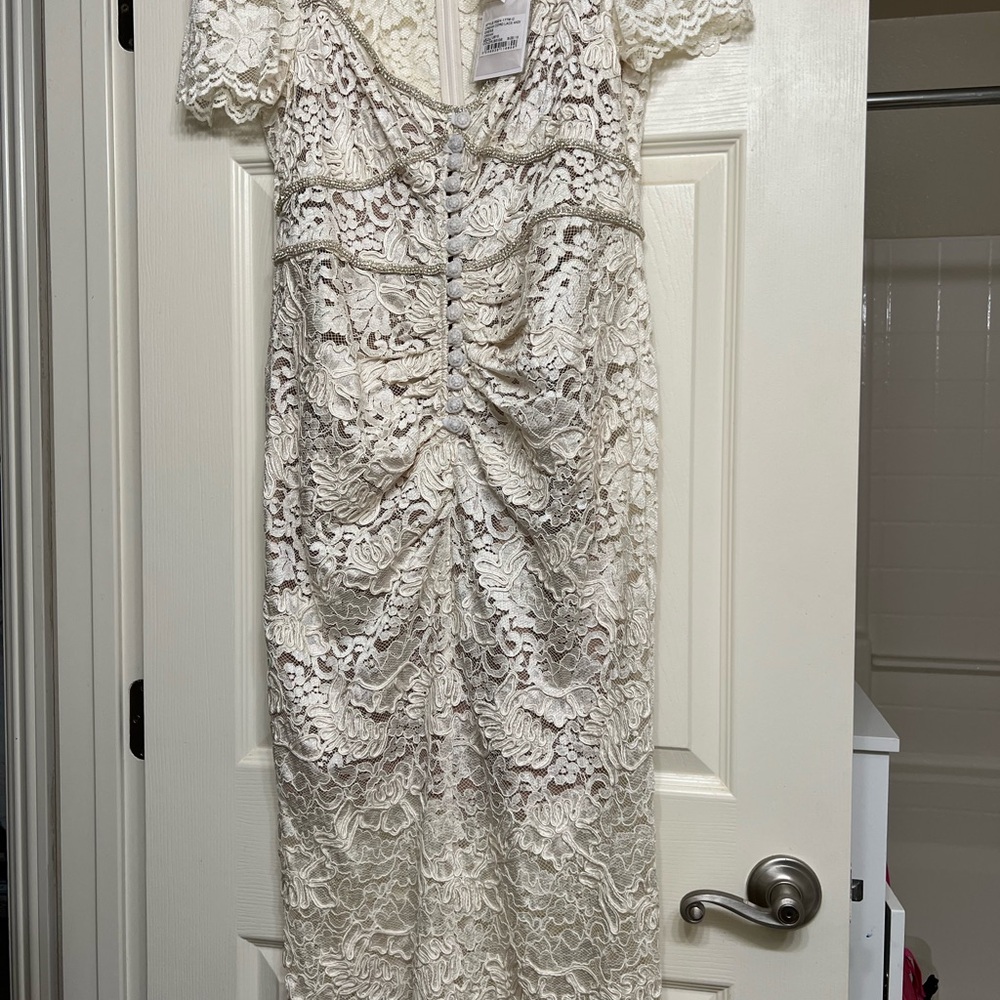 Self-Portrait Cream Lace Midi Dress with Button-Front Detail